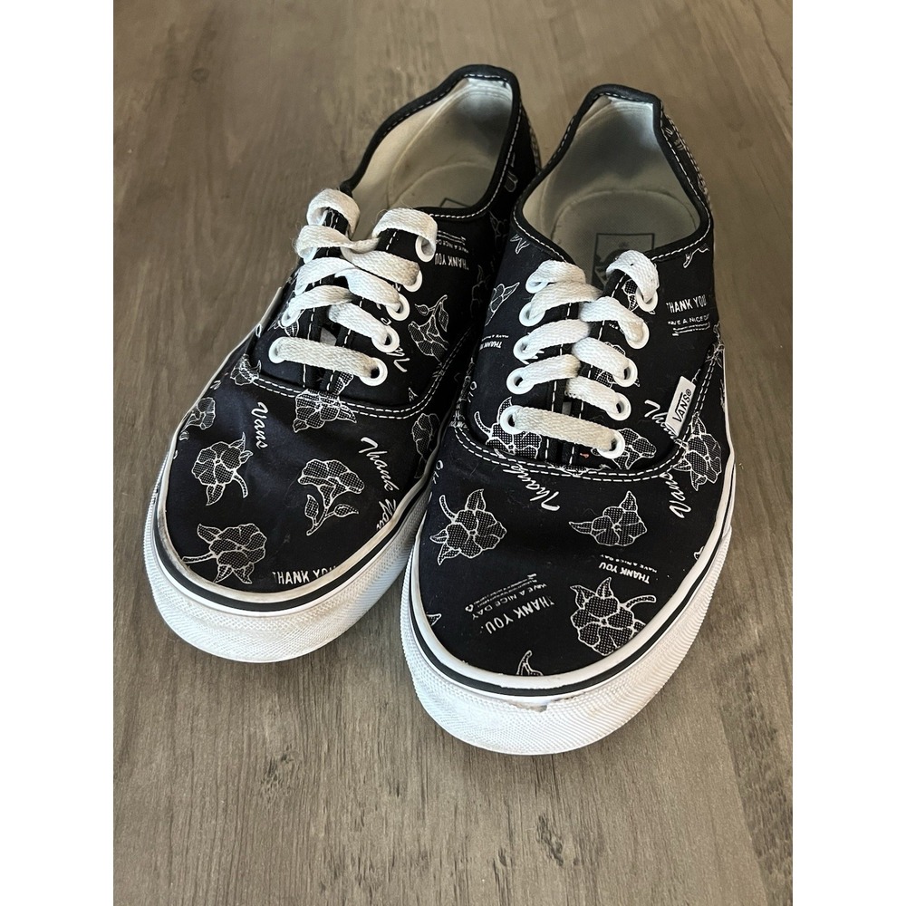 VANS Thank You Have a Nice Day Sneakers Shoes Black White Flowers M 8.5 W‎ 10